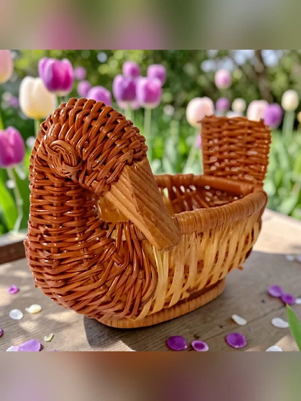 Vtg Mini Wicker Duck Goose Basket Planter Succulents Brown Figural Cottage Core